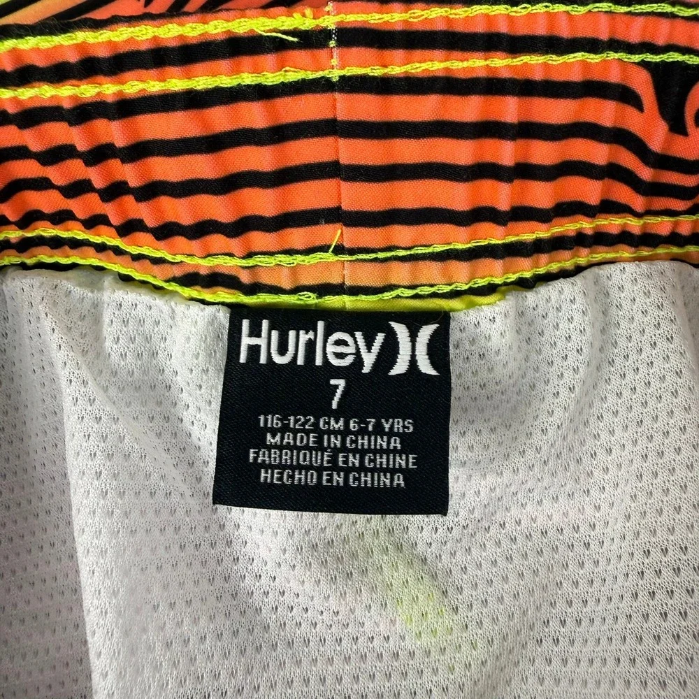 Hurley Boys 7 Swim Trunks Orange Neon Yellow Striped Shark Fin Board Shorts NWOT